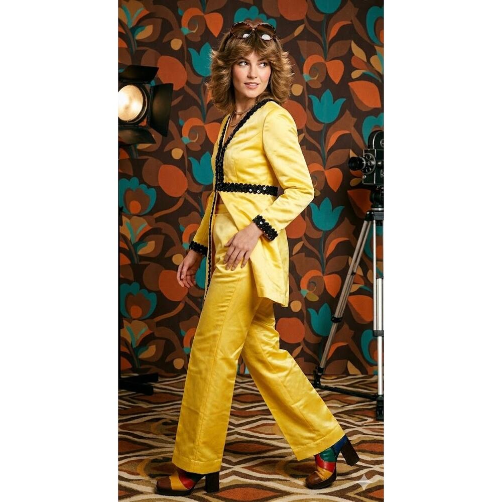Vintage Calderon 2-Piece Satin Pant Suit Yellow with Sequin Ric Rac Trim READ